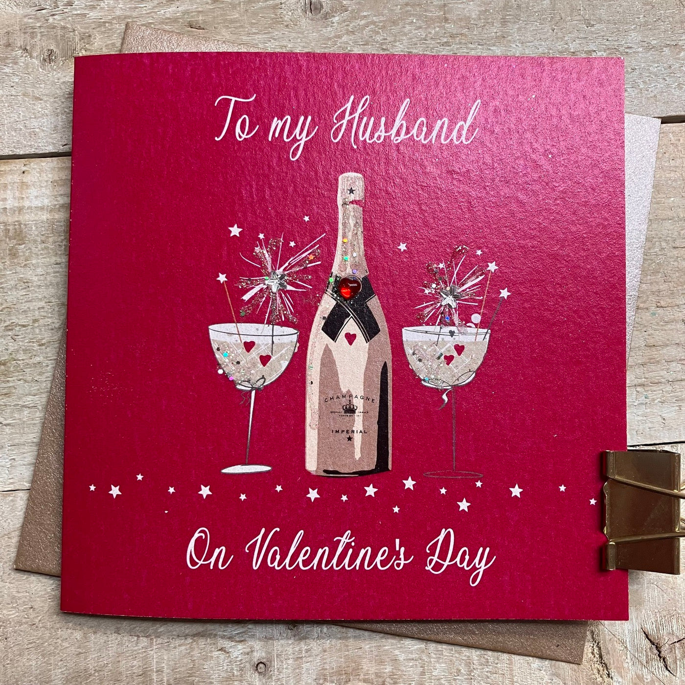 Husband Valentine's Day Glasses & Champagne Red Card - White Cotton Cards