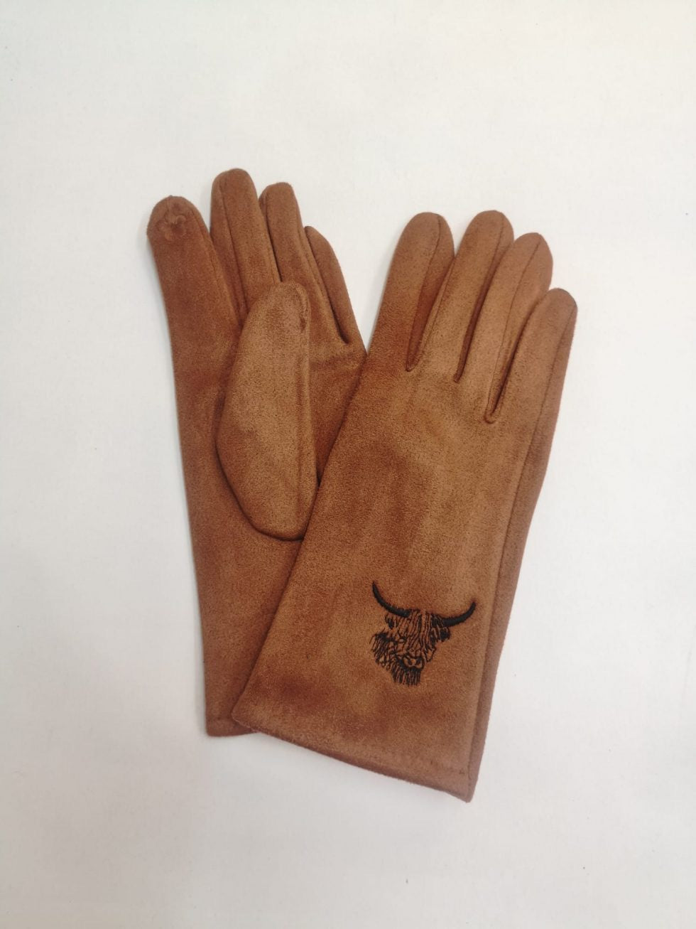 Butterfly Tan Faux Suede Gloves with Embroidered Highland Cow Print