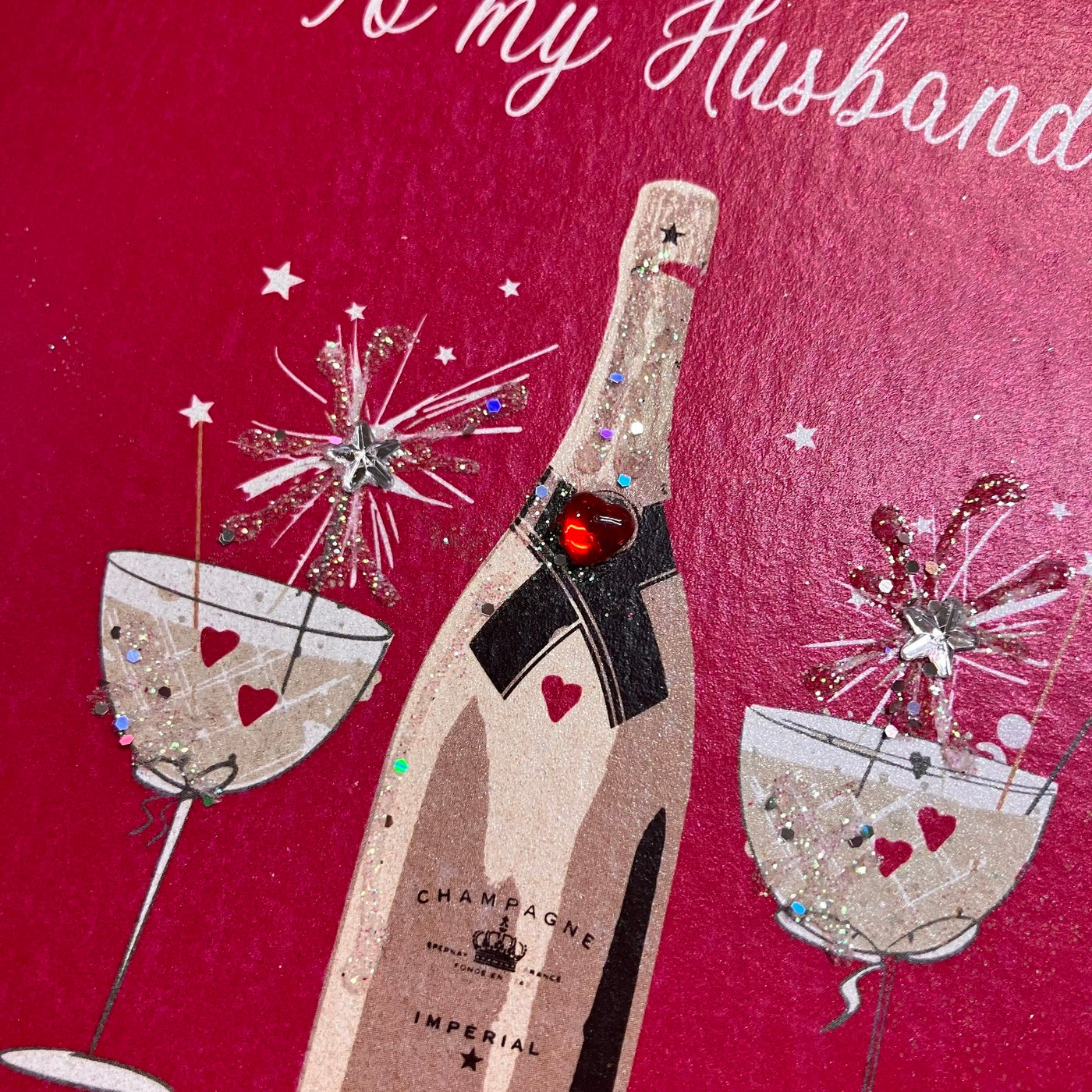 Husband Valentine's Day Glasses & Champagne Red Card - White Cotton Cards