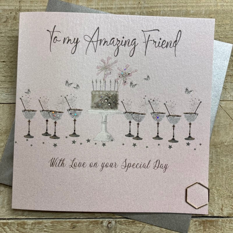 Cocktails & Cake Amazing Friend Pink Birthday Card - White Cotton Cards