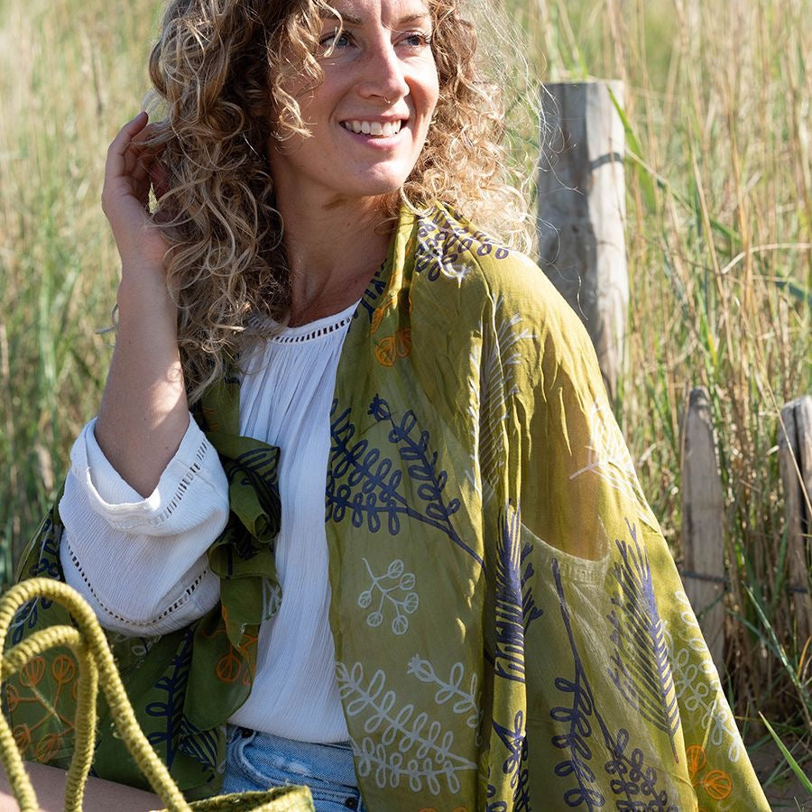 POM Organic Cotton Olive Green Fern Print Scarf
