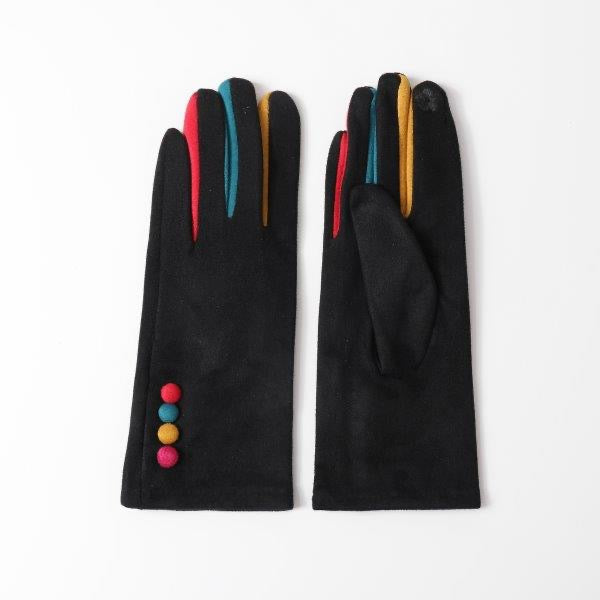 Butterfly Black Faux Suede Gloves with Contrast Coloured Fingers & Buttons