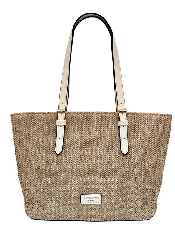 David Jones Woven Rattan Medium Zip Top Tote Bag - Natural/White (7051-3)