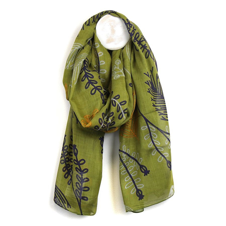 POM Organic Cotton Olive Green Fern Print Scarf - Main Image