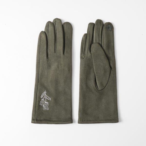 Butterfly Olive Green Faux Suede Gloves with Embroidered Thistle Print