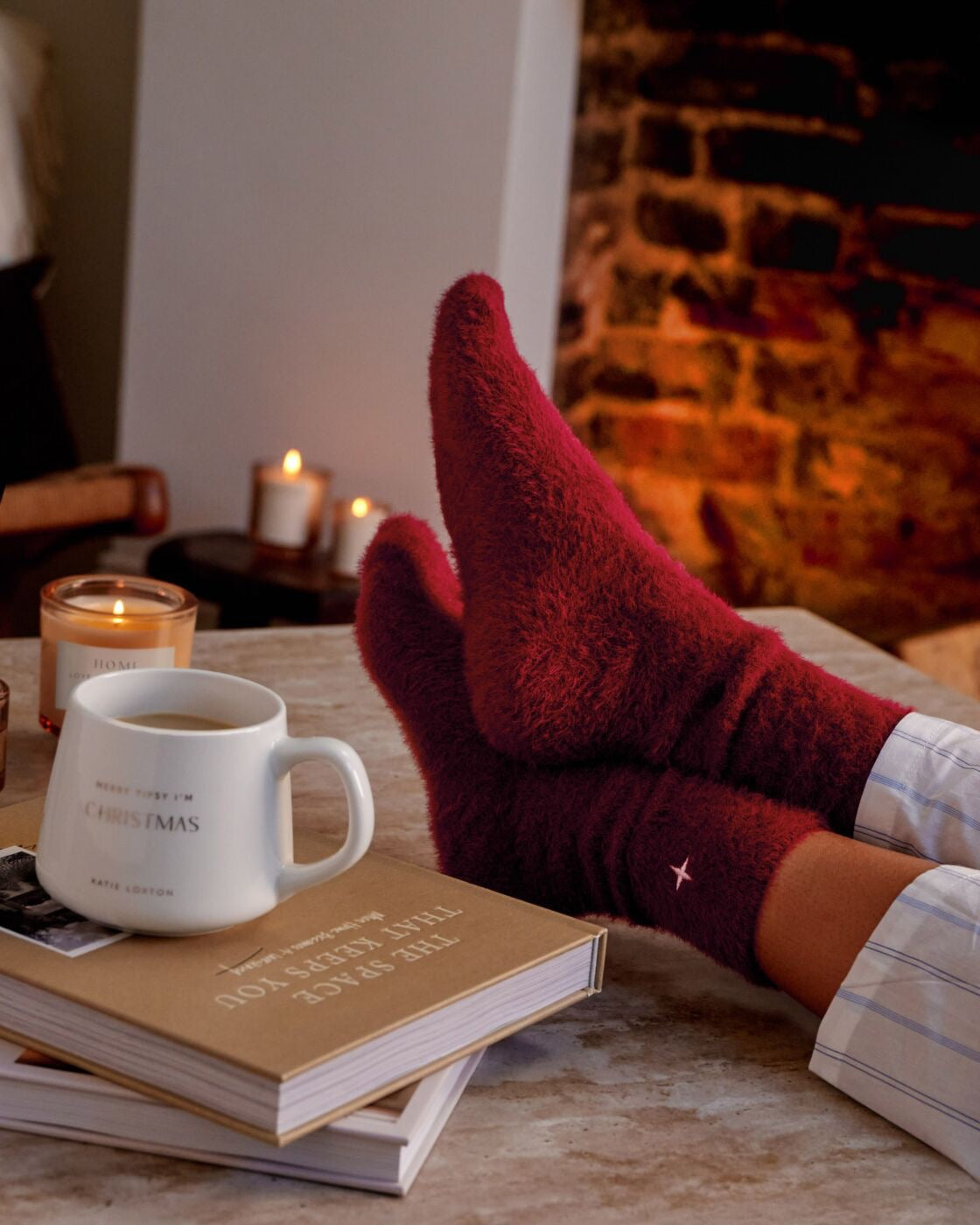 Katie Loxton Gift Boxed Ladies Fluffy Star Ankle Socks - Cherry Red