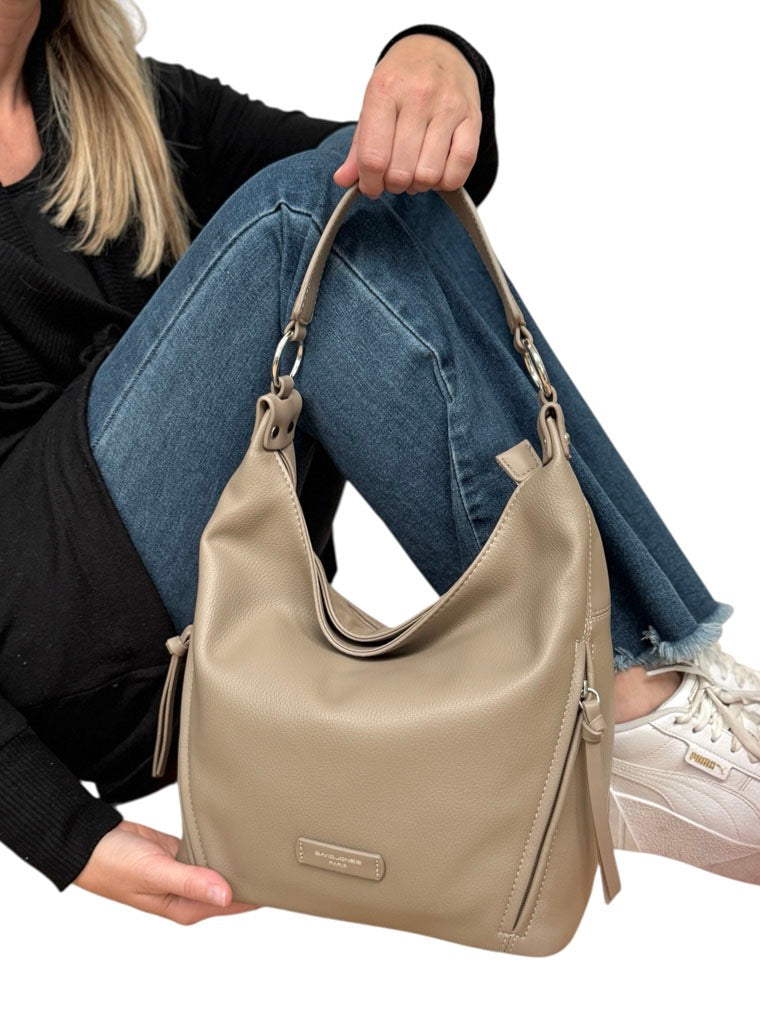 David Jones Faux Leather Scoop Shoulder Handbag with Tassel Zips - Bitter Chocolate (CM7422)