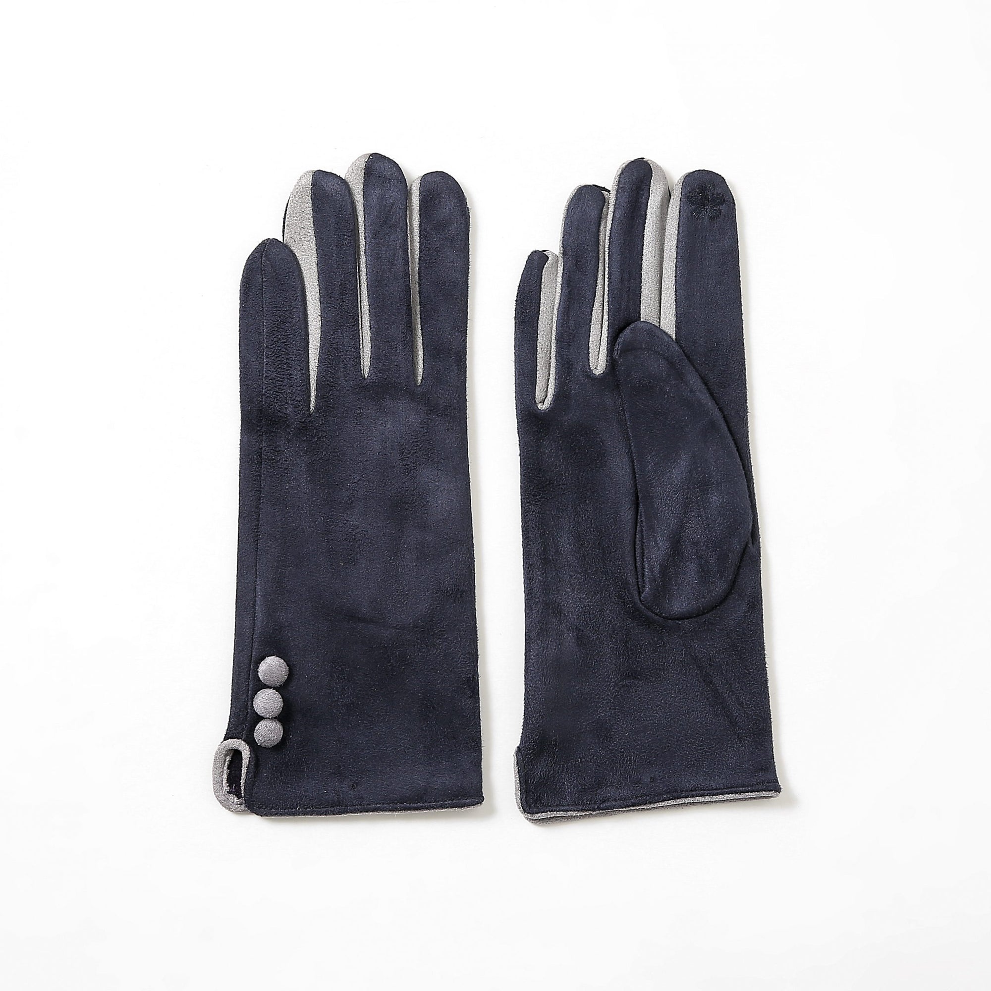 Butterfly Navy Faux Suede Gloves with contrast Grey Fingers & Buttons