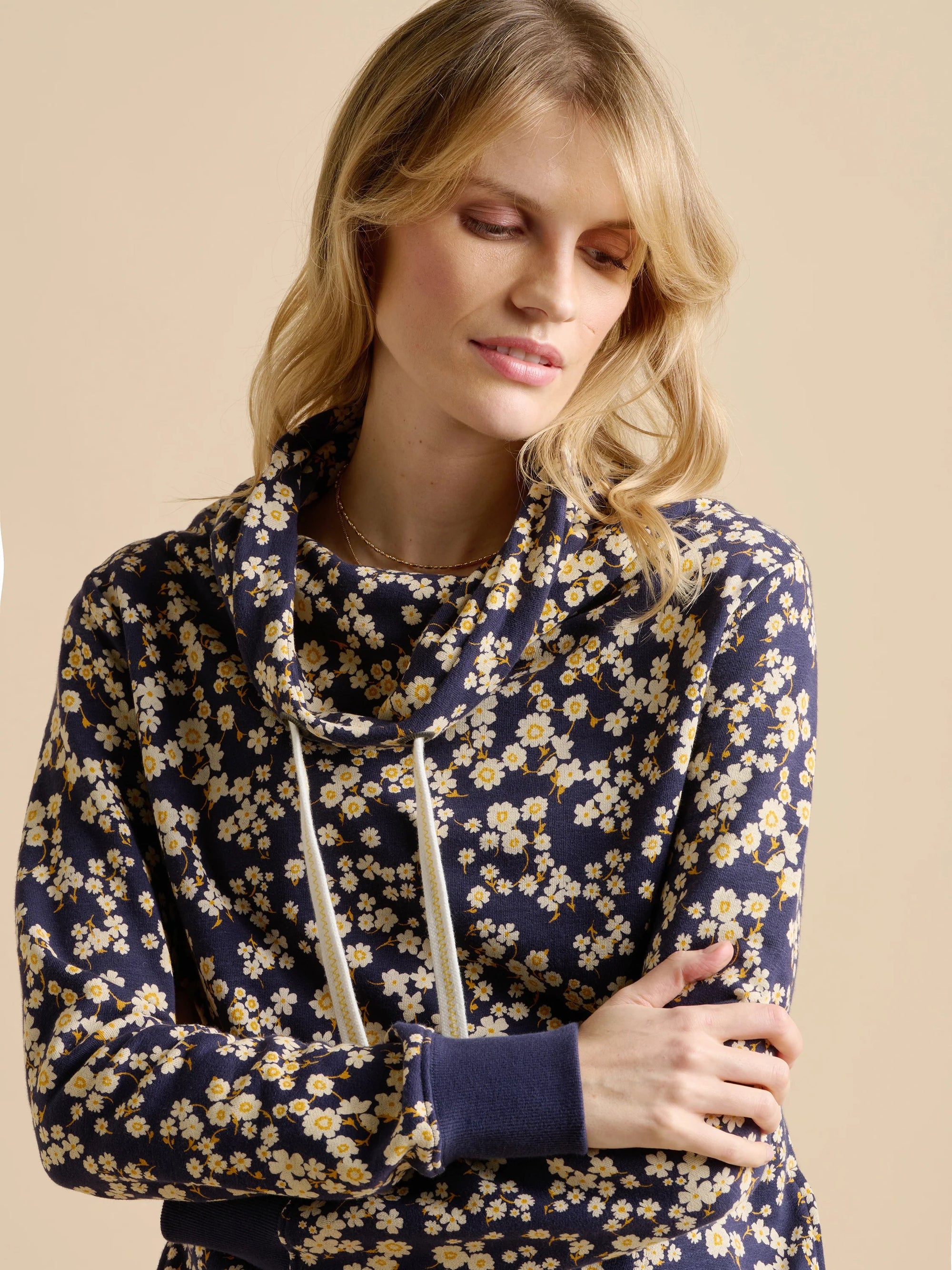 Brakeburn Floating Daisy Cowl Neck Sweater - Navy/Mustard