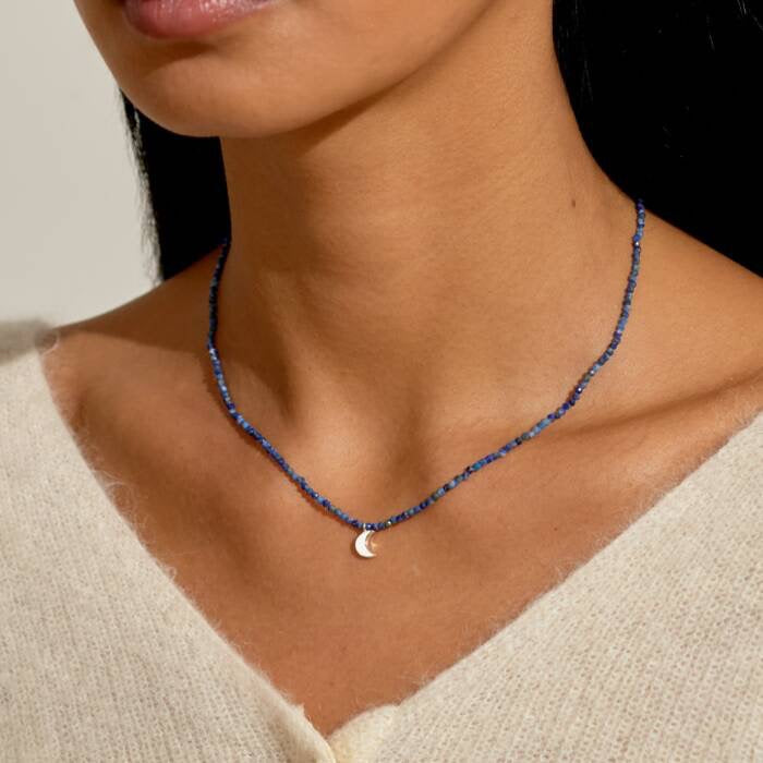 Joma Jewellery Mini Charms - Lapis Lazuli & Silver Moon - Gemstone Beaded Necklace