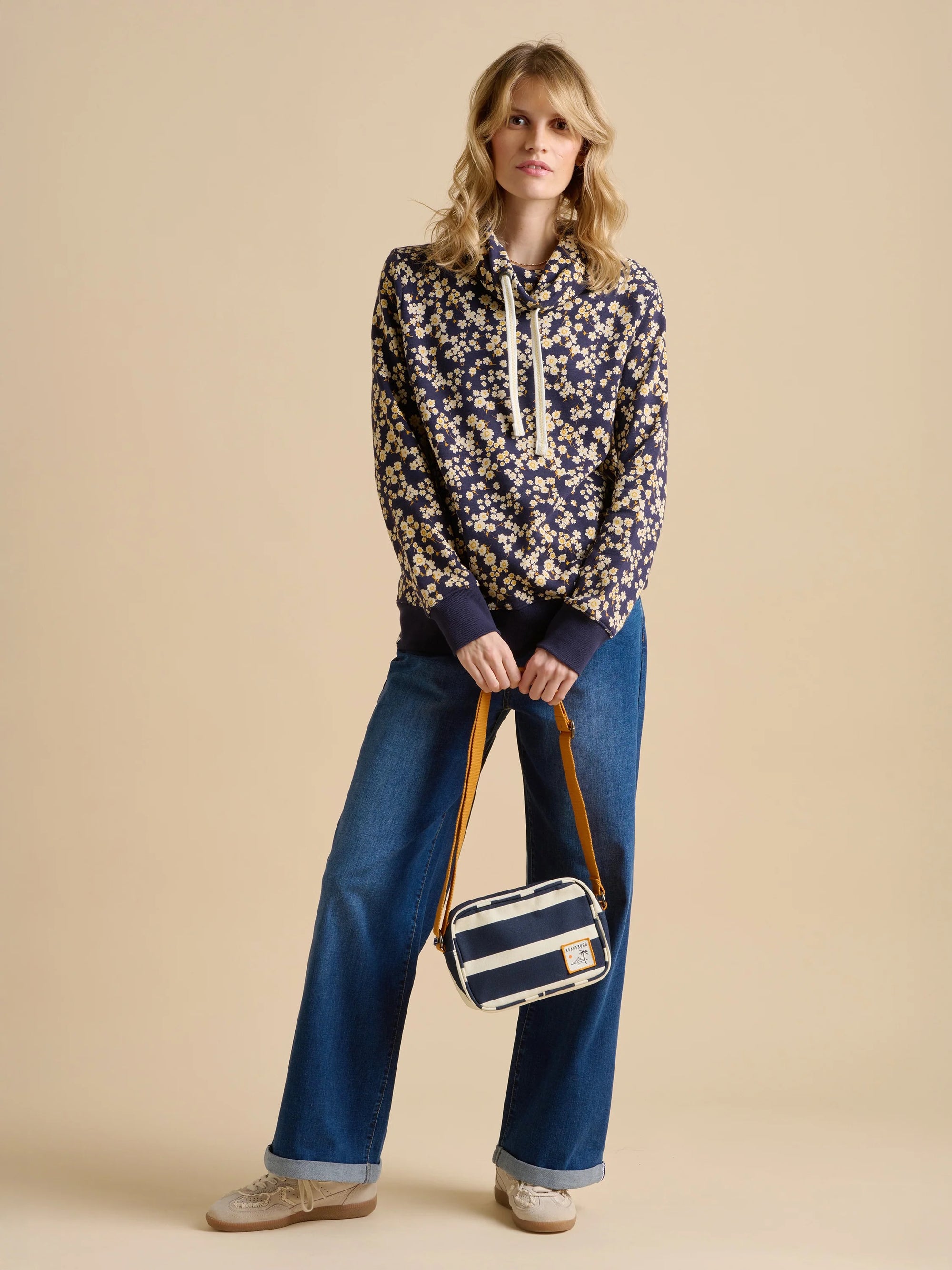 Brakeburn Floating Daisy Cowl Neck Sweater - Navy/Mustard