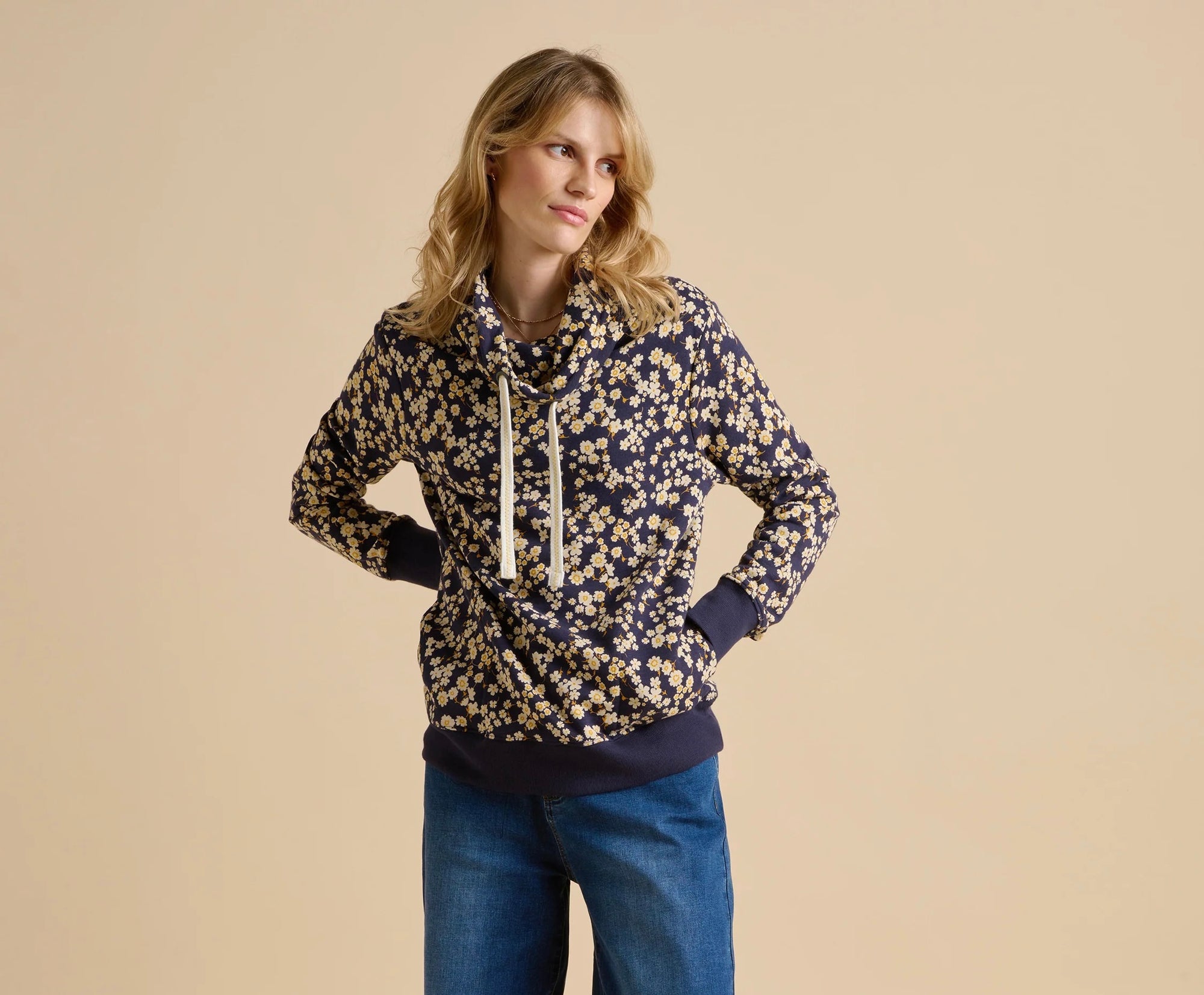 Brakeburn Floating Daisy Cowl Neck Sweater - Navy/Mustard