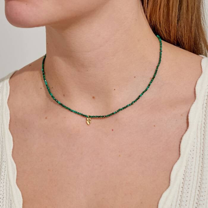 Joma Jewellery Mini Charms - Malachite Gold Double Heart - Gemstone Beaded Necklace