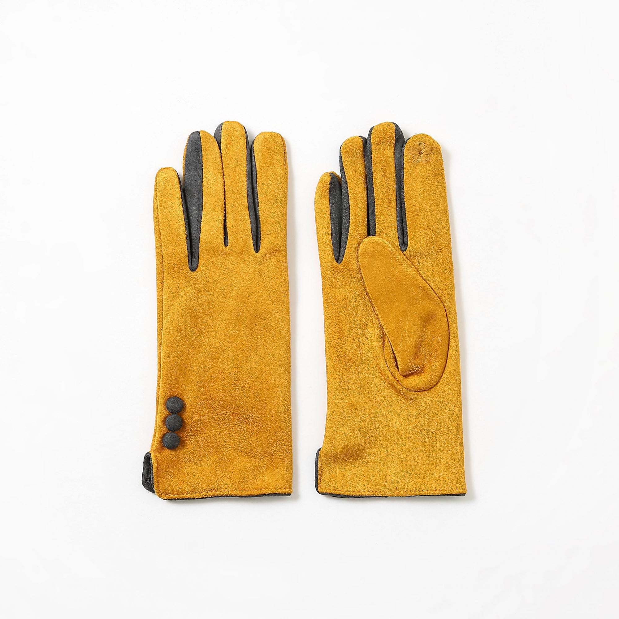 Butterfly Mustard Faux Suede Gloves with contrast Charcoal Fingers & Buttons