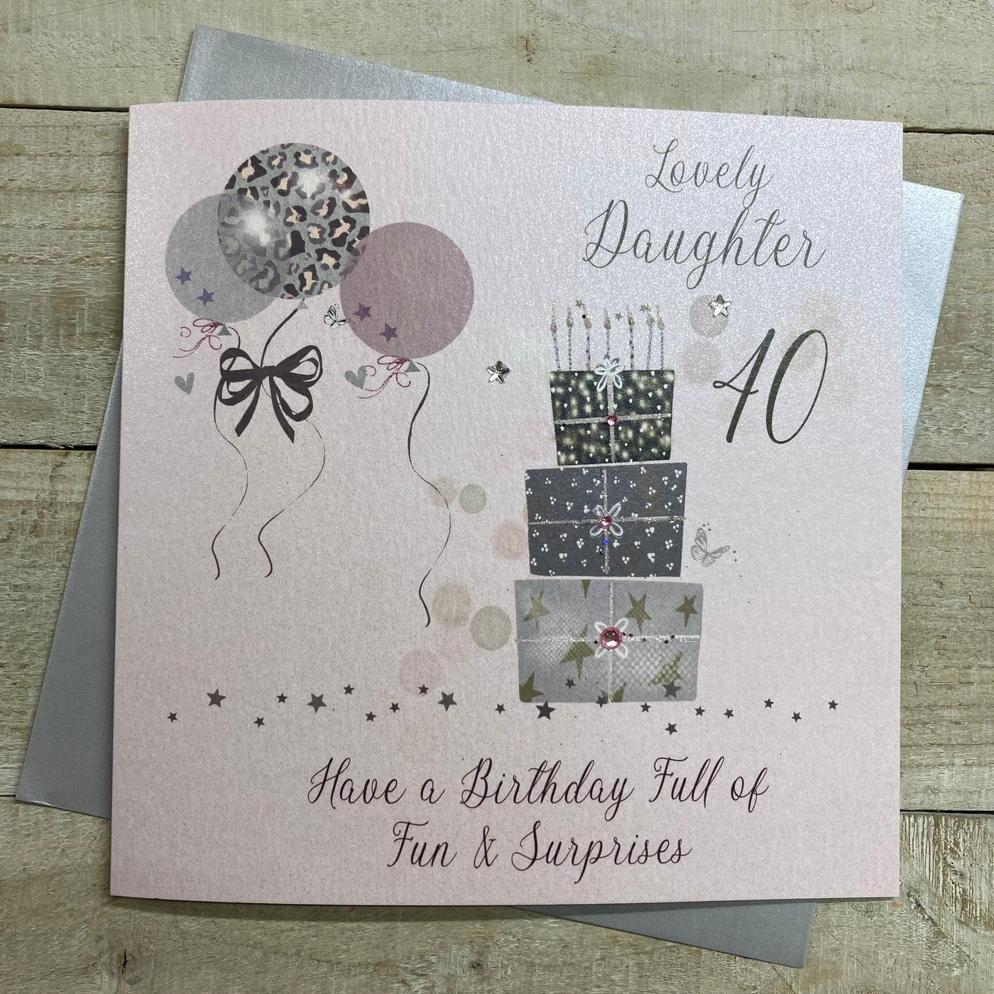Lovely Daughter 40th Birthday Pink Presents & Balloons Glasses LARGE Card - White Cotton Cards