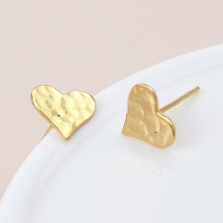 POM - Hammered Gold Plated Hearts - Gold Fill Sterling Silver Stud Earrings