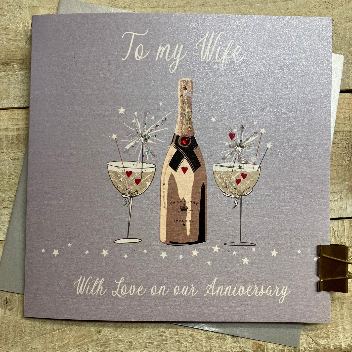 Wife Anniversary Glasses & Champagne Grey LARGE Card - White Cotton Cards