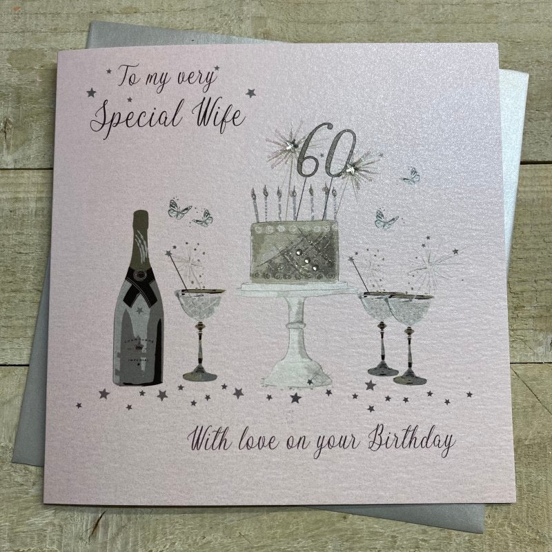 Special Wife 60th Birthday Pink LARGE Card - White Cotton Cards