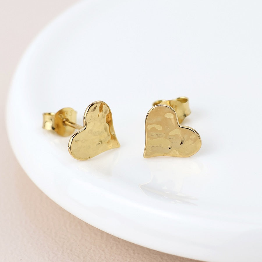 POM - Hammered Gold Plated Hearts - Gold Fill Sterling Silver Stud Earrings