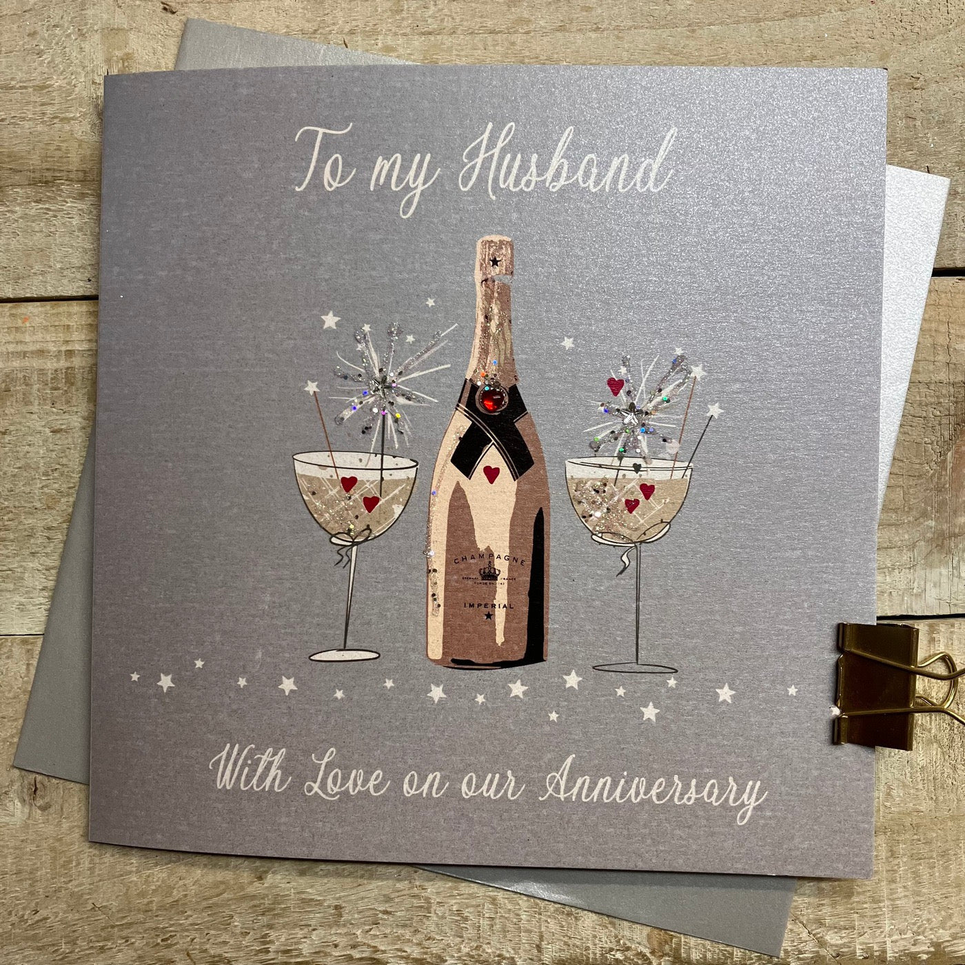 Husband Anniversary Glasses & Champagne Grey LARGE Card - White Cotton Cards