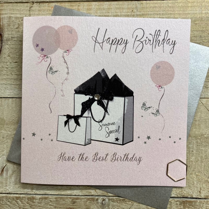 Happy Birthday Gift Bags & Balloons Blush Pink Card - White Cotton Cards