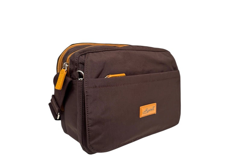 Spirit (1669) Lightweight Multi Compartment Crossbody Handbag - Dark Chocolate/Mustard