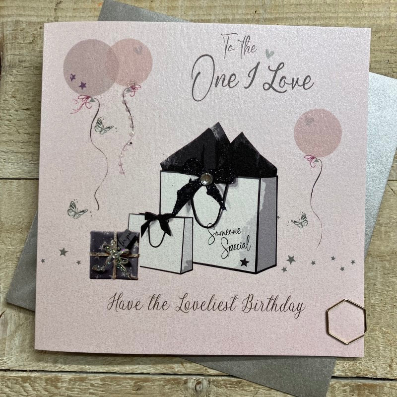 To The One I Love Shopping Bags & Drinks Birthday Pink LARGE Card - White Cotton Cards