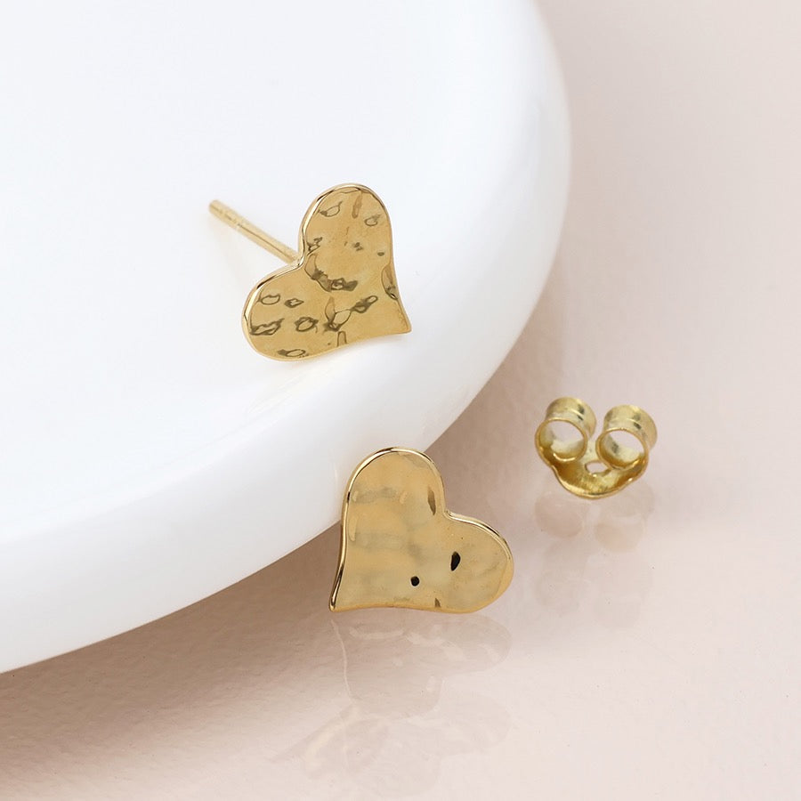 POM - Hammered Gold Plated Hearts - Gold Fill Sterling Silver Stud Earrings