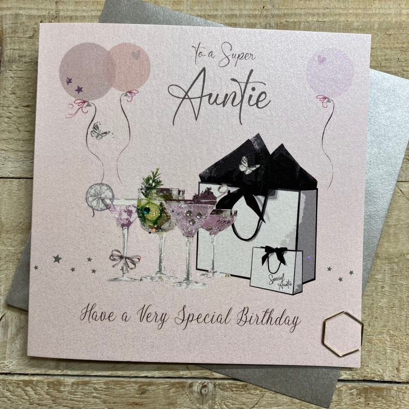 Auntie Birthday Gift Bags & Cocktails Blush Pink Card - White Cotton Cards