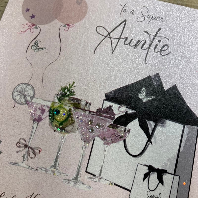 Auntie Birthday Gift Bags & Cocktails Blush Pink Card - White Cotton Cards