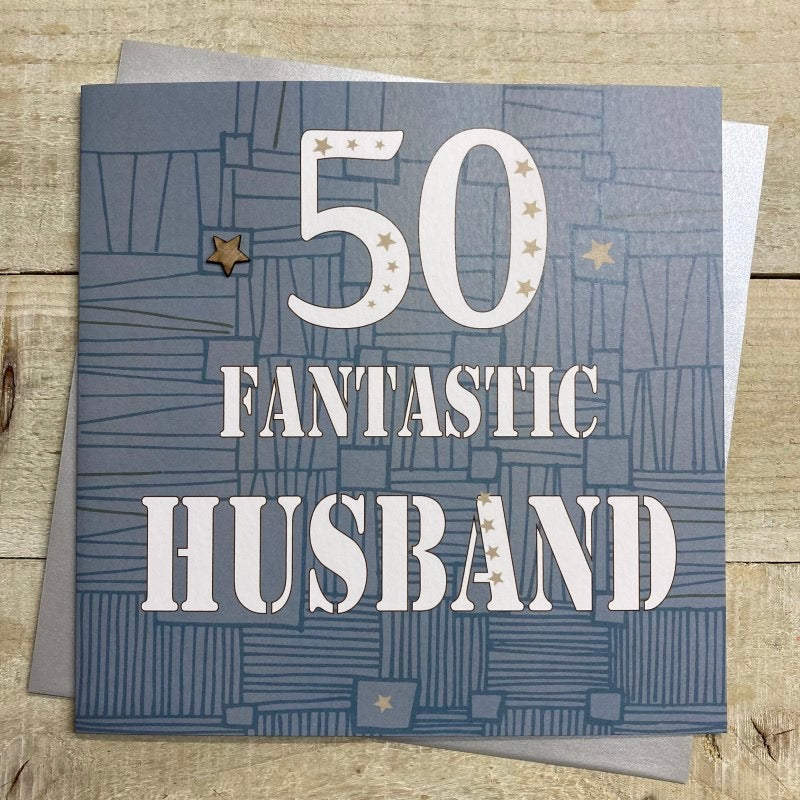 Fantastic Husband 50th Birthday Text LARGE Card - White Cotton Cards