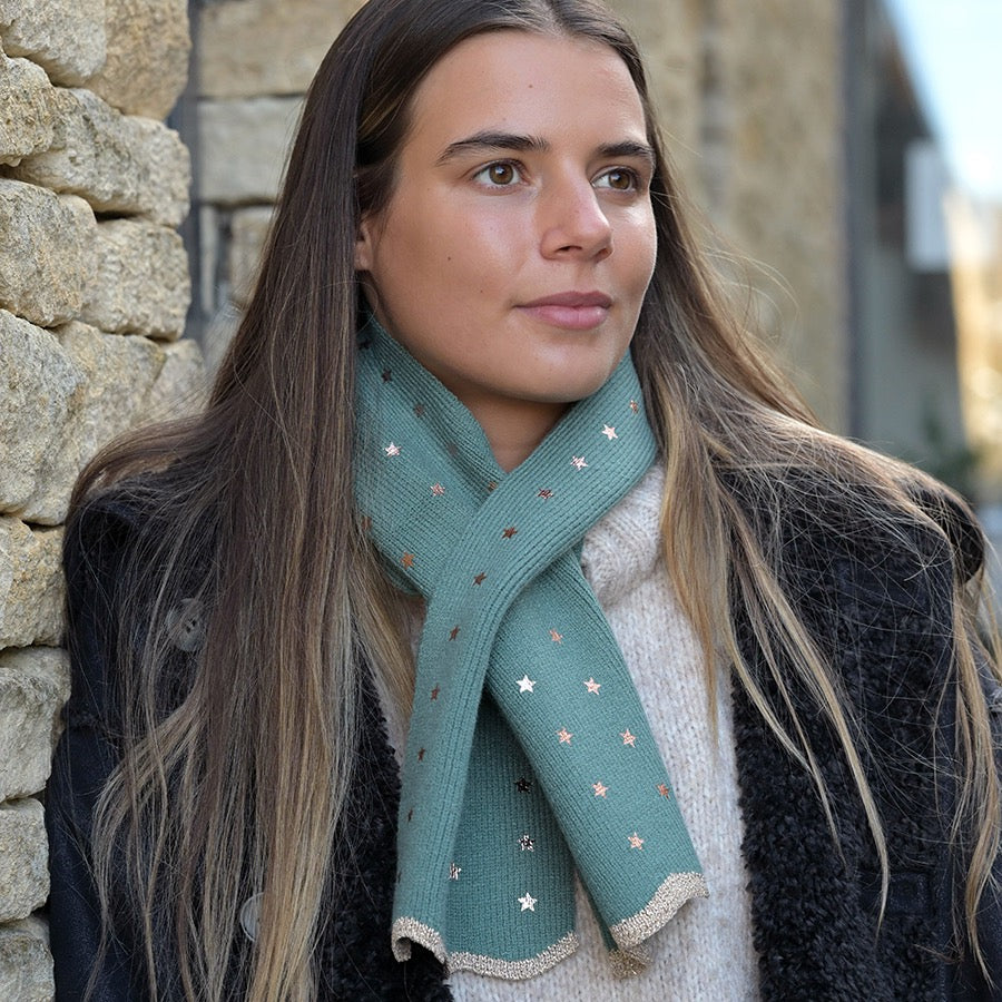 POM Seafoam Fine Knit Pull Through Scarf with Foil Stars & Lurex Border