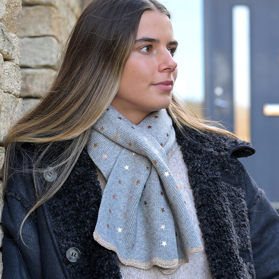 POM Grey Marl Fine Knit Pull Through Scarf with Foil Stars & Lurex Border