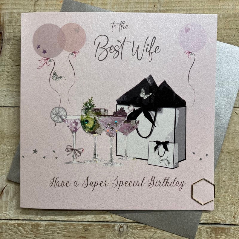 Best Wife Shopping Bags & Drinks Birthday Pink LARGE Card - White Cotton Cards