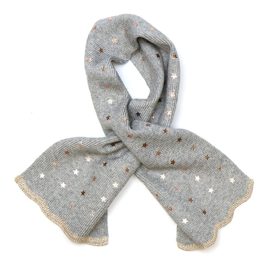 POM Grey Marl Fine Knit Pull Through Scarf with Foil Stars & Lurex Border