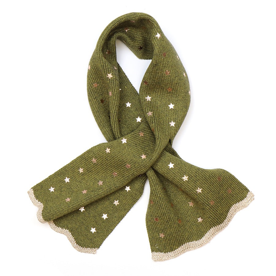POM Khaki Green with Gold Foil Stars Fine Knit Pull Through Crossover Scarf
