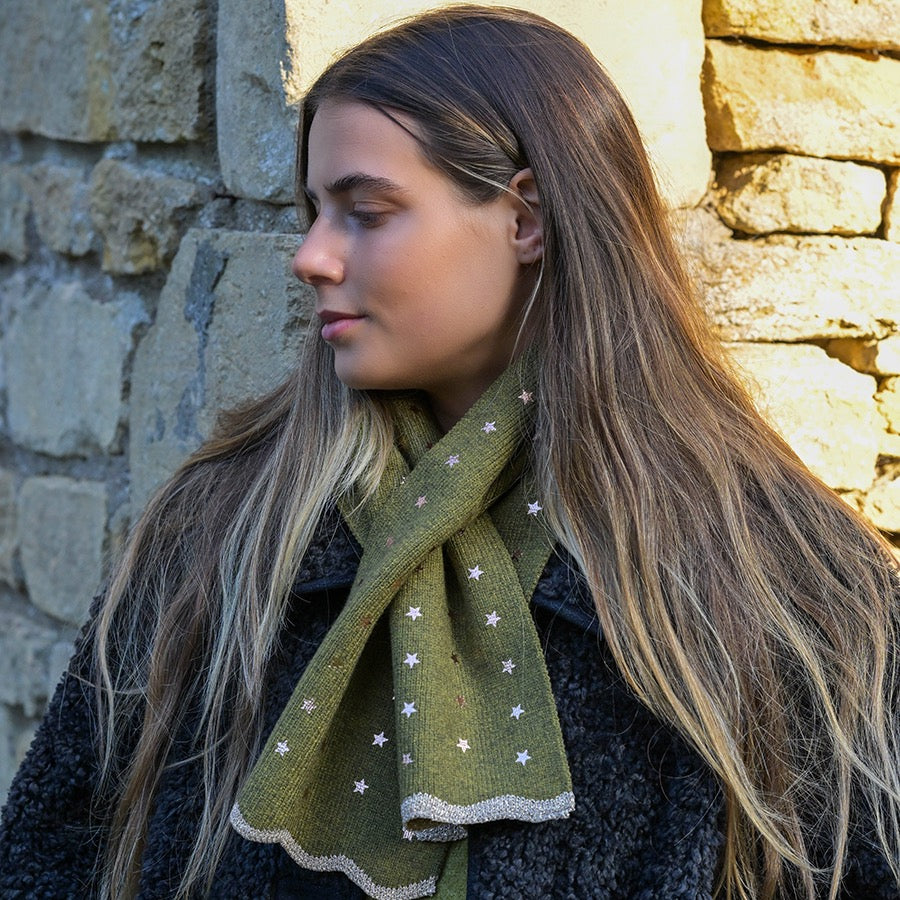 POM Khaki Green with Gold Foil Stars Fine Knit Pull Through Crossover Scarf