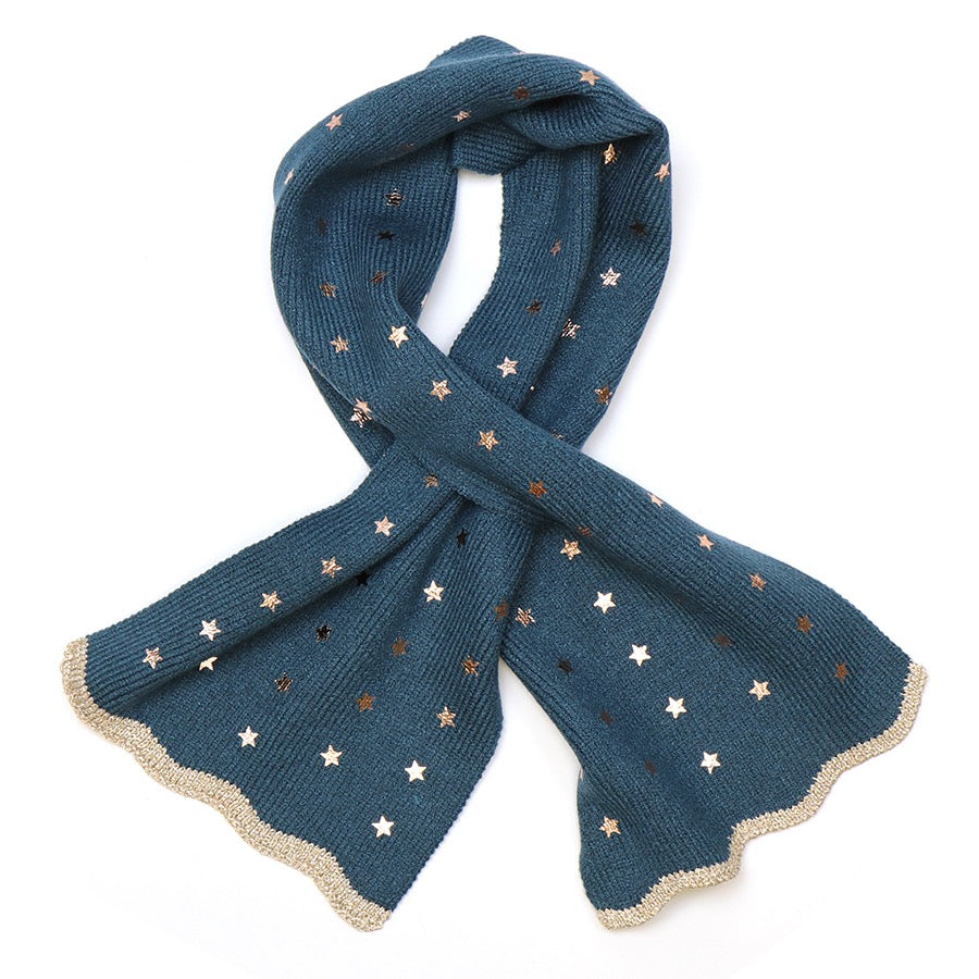 POM Teal Blue & Gold Foil Stars fine knit pull through scarf with foil stars