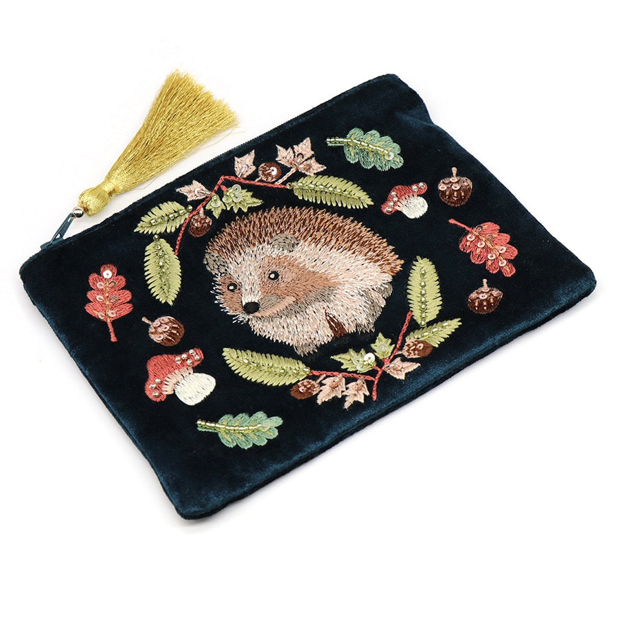 POM Dark Teal Velvet Hedgehog & Autumn Leaves Embroidered Small Zip Pouch with Tassel