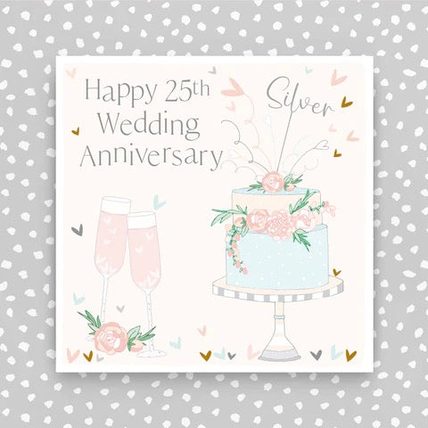 Molly Mae Happy 25th Silver Anniversary Cake & Glasses Pastel Card