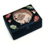 POM Dark Teal Velvet Hedgehog & Autumn Leaves Embroidered Small Jewellery Box