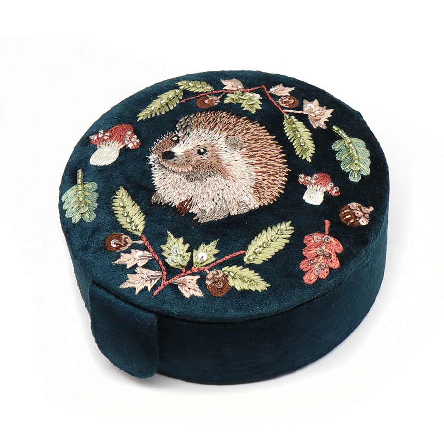 POM Dark Teal Velvet Hedgehog & Autumnal Leaves Medium Round Jewellery Box