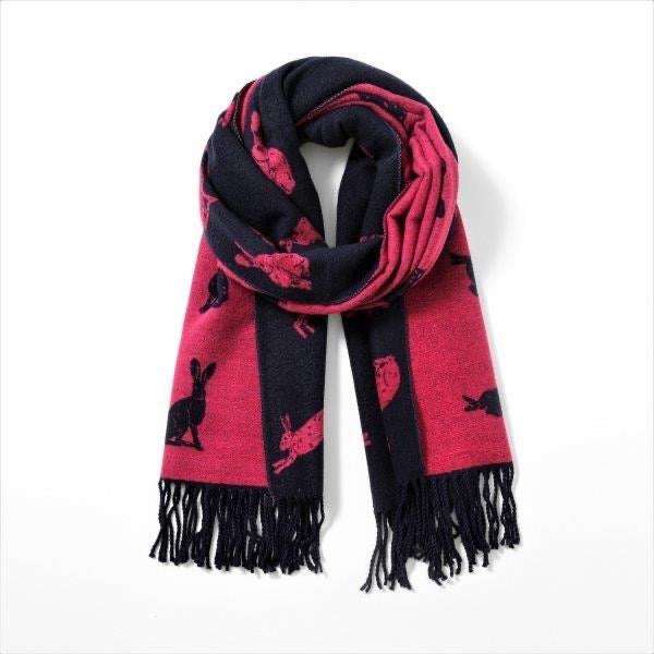 Navy & Fuchsia Pink Hare Reversible Tassel Scarf - Cashmere Blend