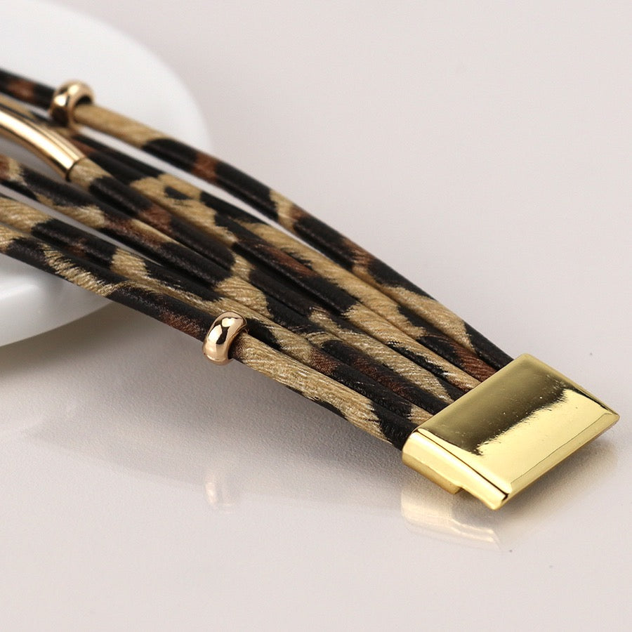 POM Beige & Brown Multi Strand Animal Print Cuff Magnetic Gold Bracelet