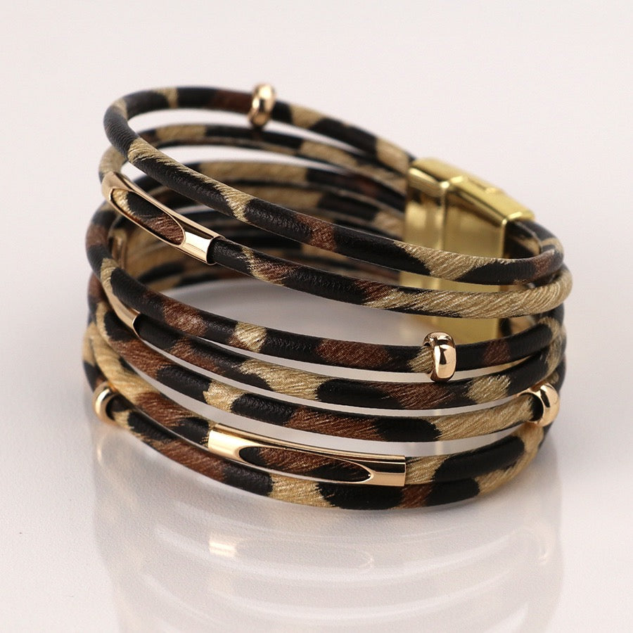 POM Beige & Brown Multi Strand Animal Print Cuff Magnetic Gold Bracelet