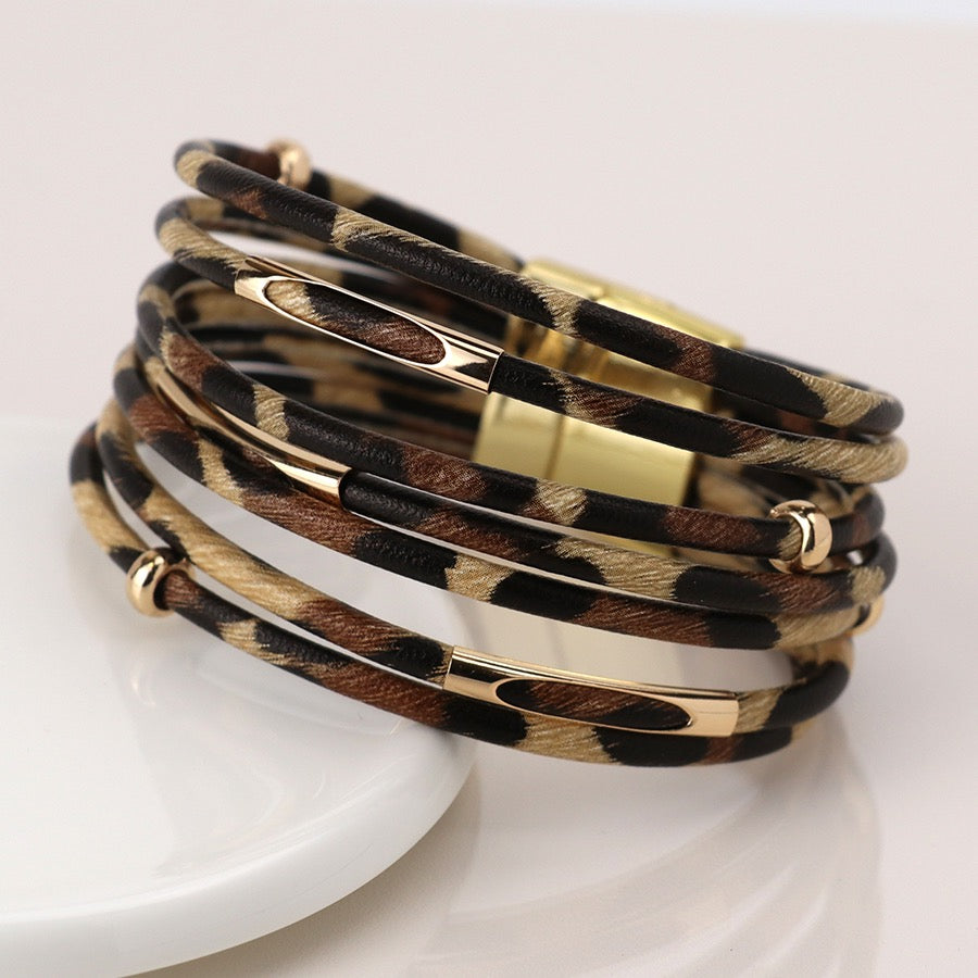 POM Beige & Brown Multi Strand Animal Print Cuff Magnetic Gold Bracelet