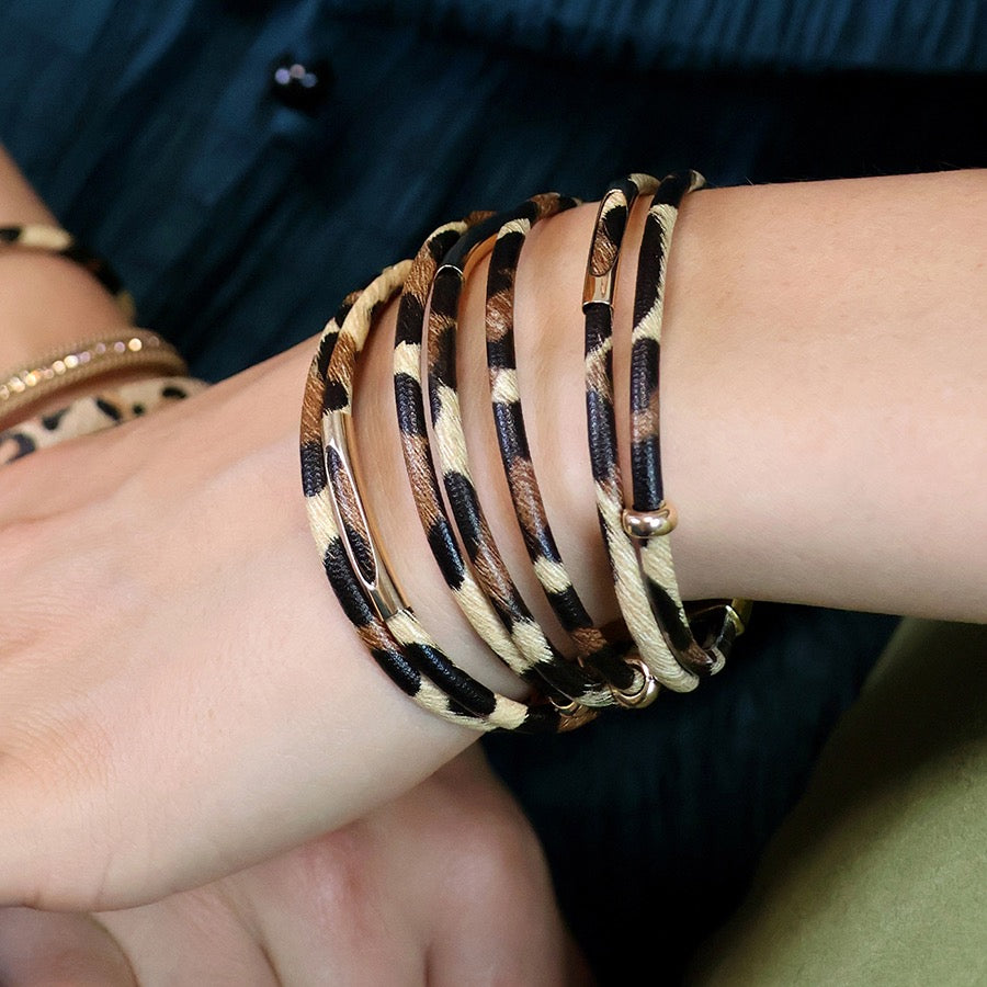 POM Beige & Brown Multi Strand Animal Print Cuff Magnetic Gold Bracelet