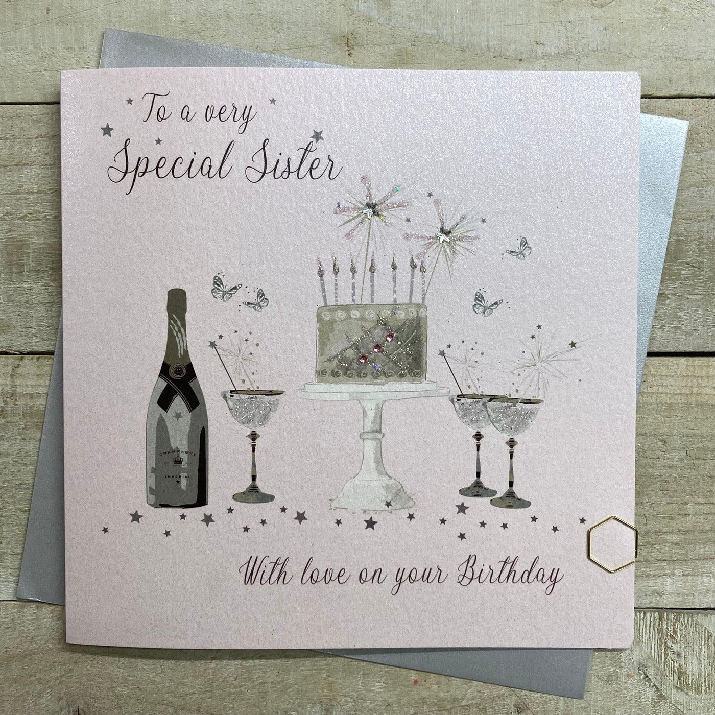 Special Sister Champagne & Cake Birthday Pink LARGE Card - White Cotton Cards
