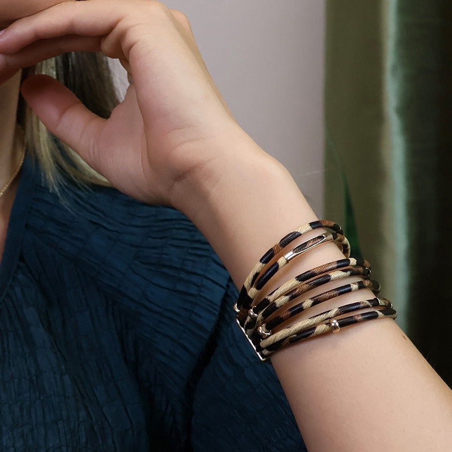 POM Beige & Brown Multi Strand Animal Print Cuff Magnetic Gold Bracelet