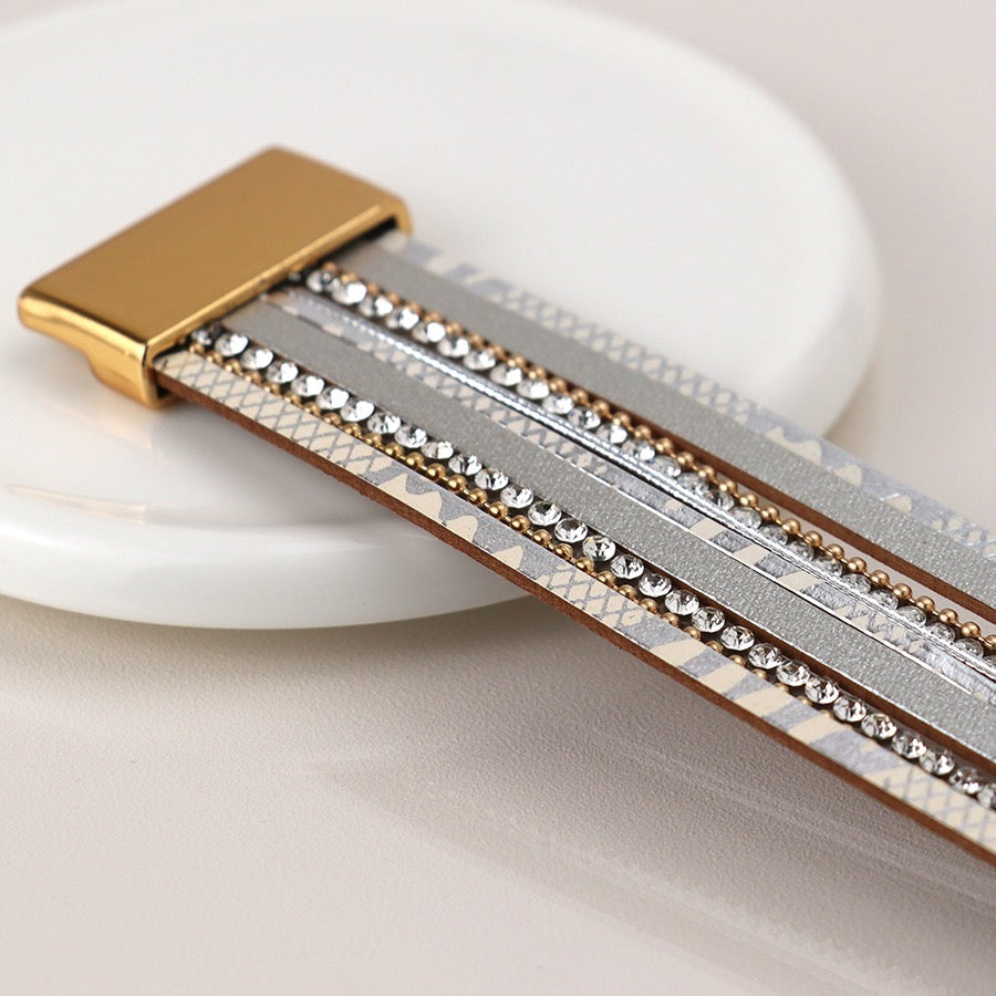 POM Silver Grey Snake & Gold Metallic Crystal Multi Strand Magnetic Bracelet
